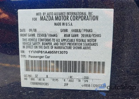 2009 Mazda Mazda6 I Sport z USA, uszkodzony, nr VIN 1YVHP81A495M13070